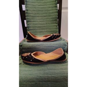 Fuchsia Women's Embroidered Velvet Jutti Flats Black/Gold, 9.5" Heel-to-Toe